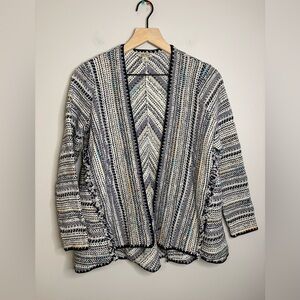 Women’s Lucky Brand open front tribal print, fringe cardigan sweater size XS